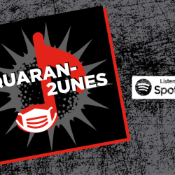 Stylized graphic of a red music note with a mask on an album cover for "Quaran-2unes"
