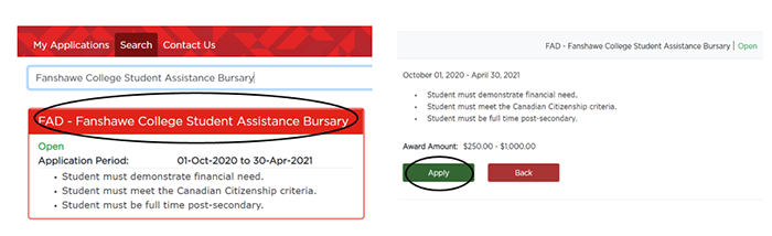 Bursary tips screen capture: search