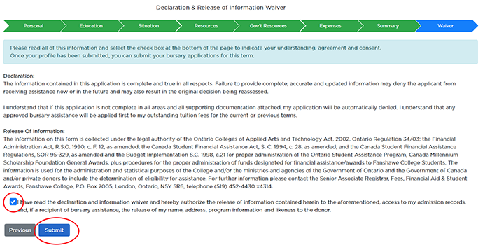 Bursary tips screen capture: declaration and release of information waiver