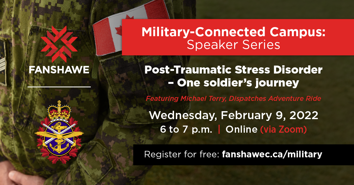 Michael Terry speaker event promotion: military combat fatigues with red and white text featuring event details