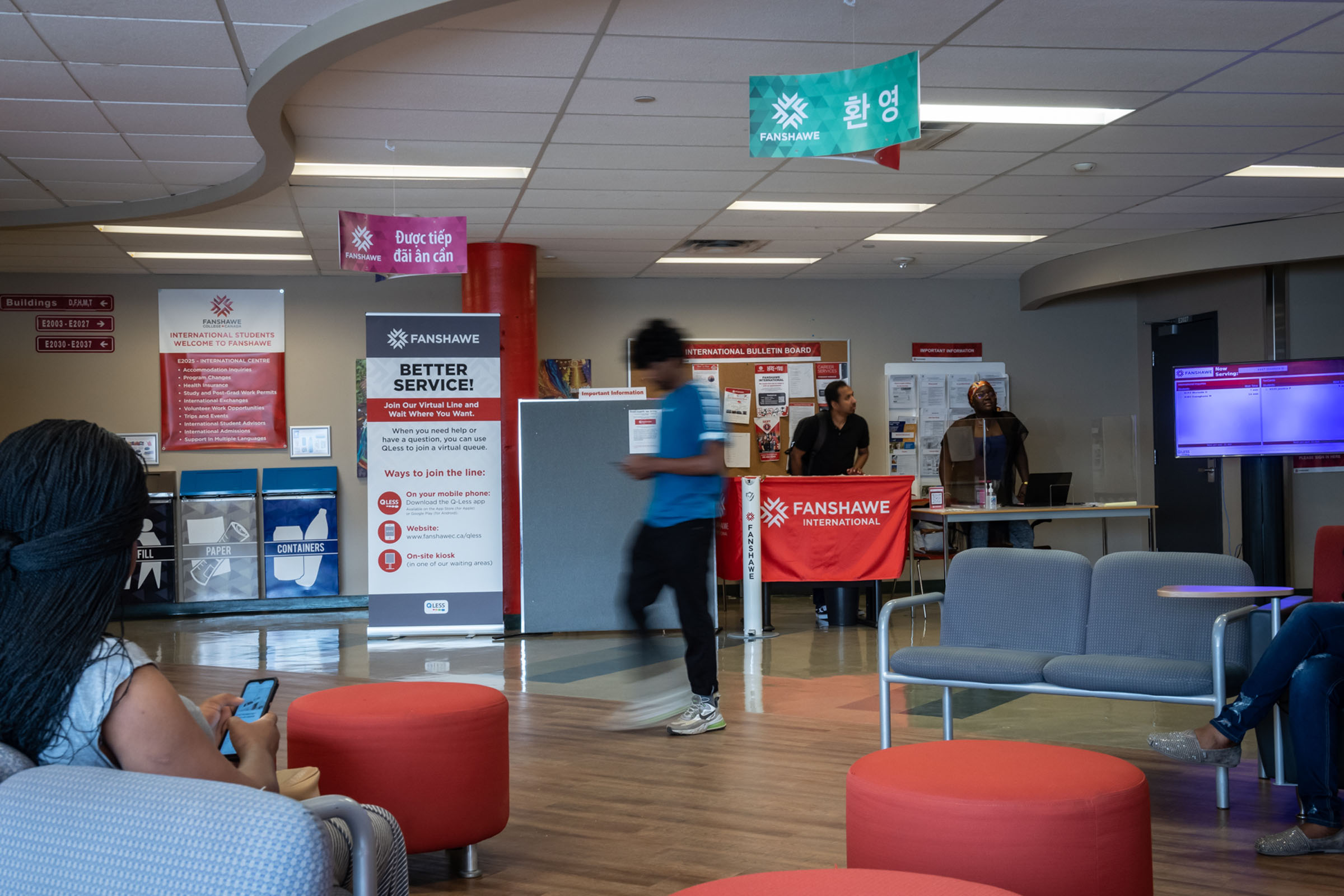 International centre lounge space with students walking through