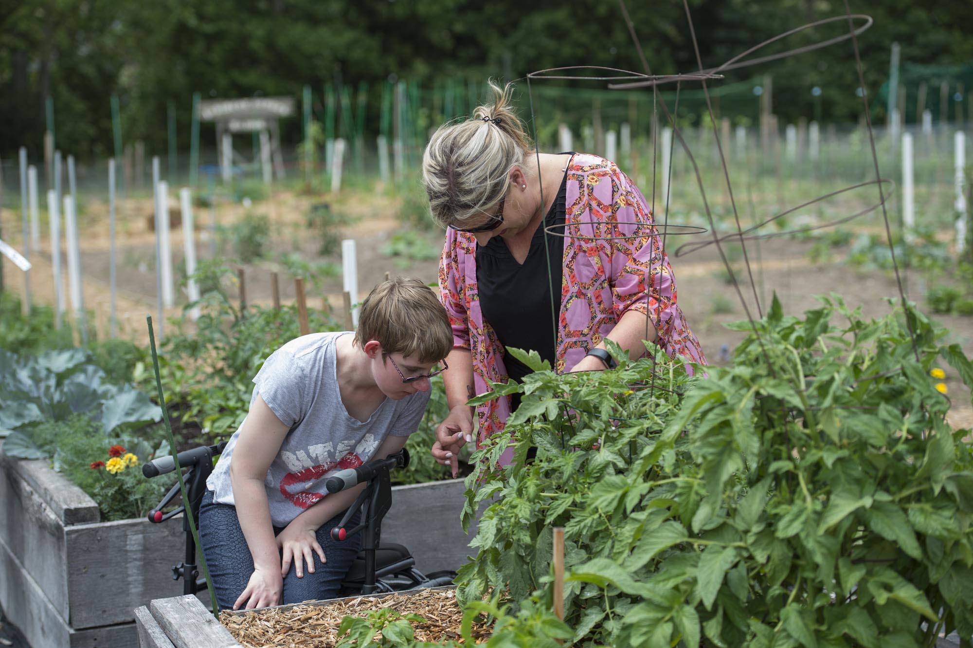 Two people working in garden, with one assisting the other