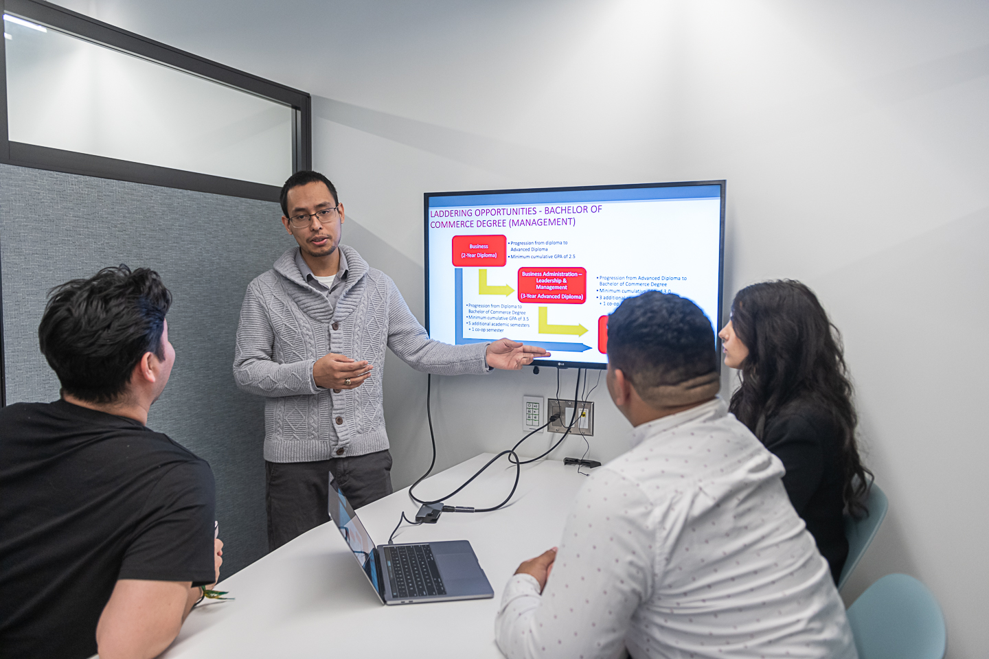 A male leadership student presenting a class project to his team of fellow students