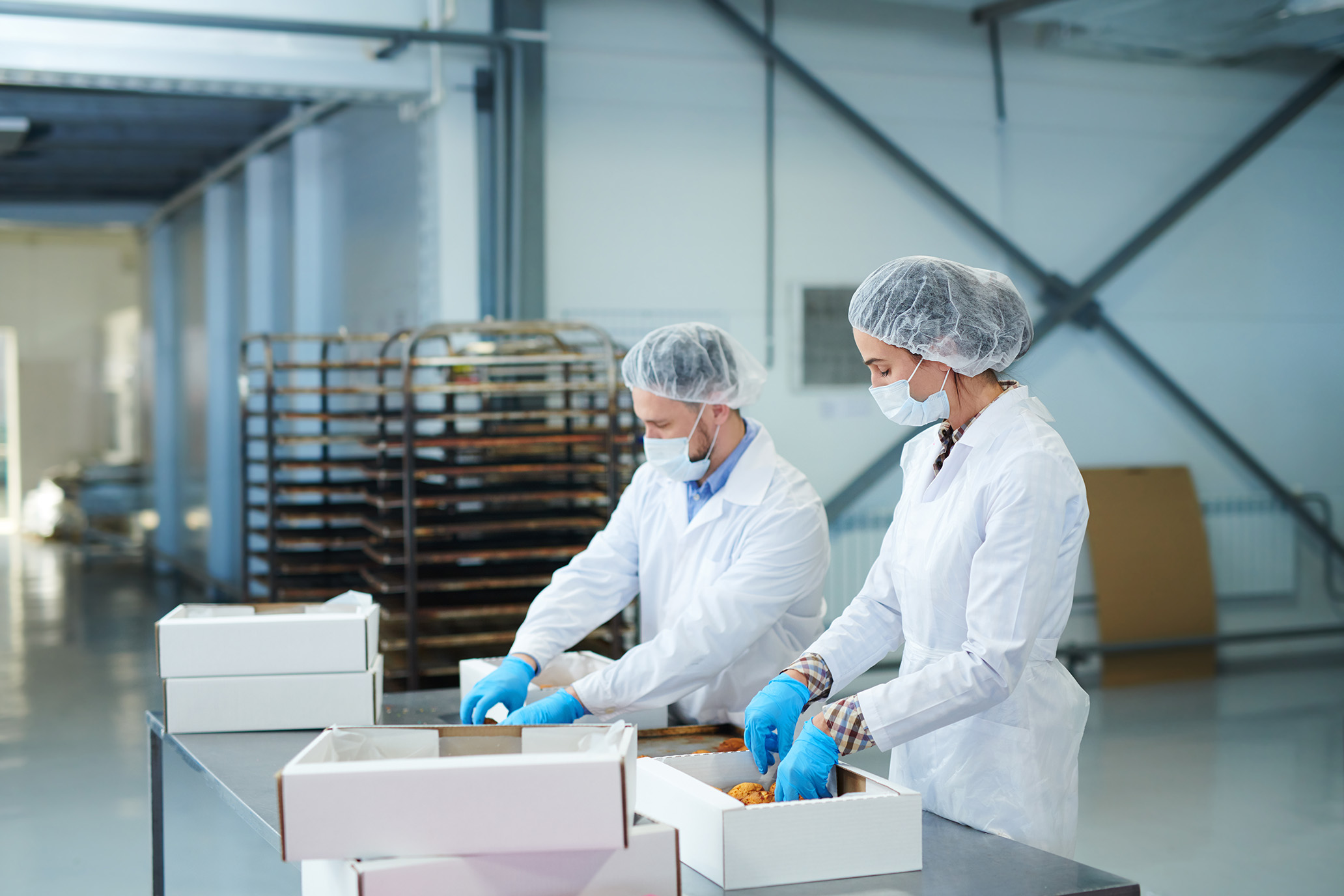 Workers packaging food into boxes