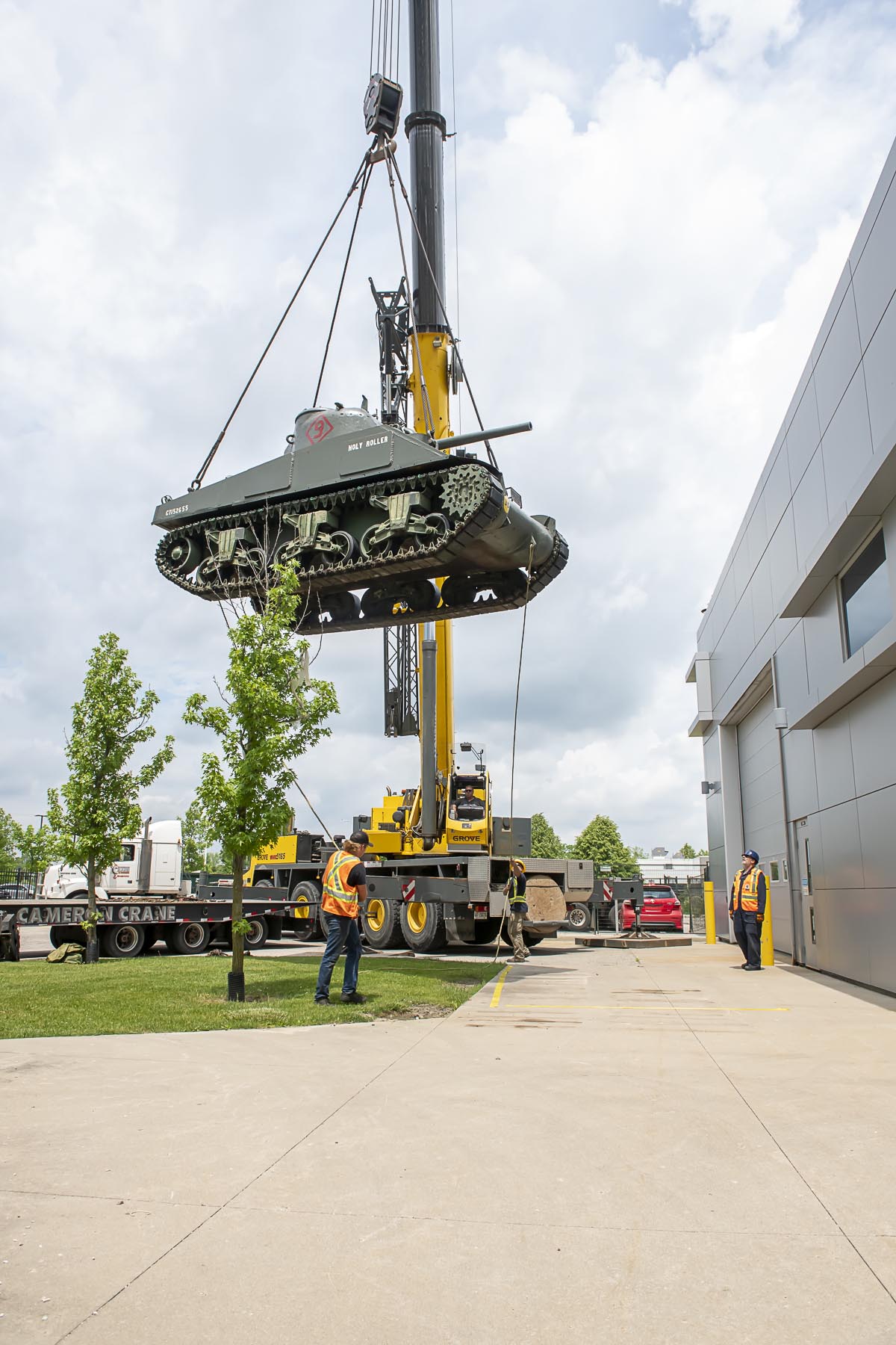 The Holy Roller tank being lowered by a crane