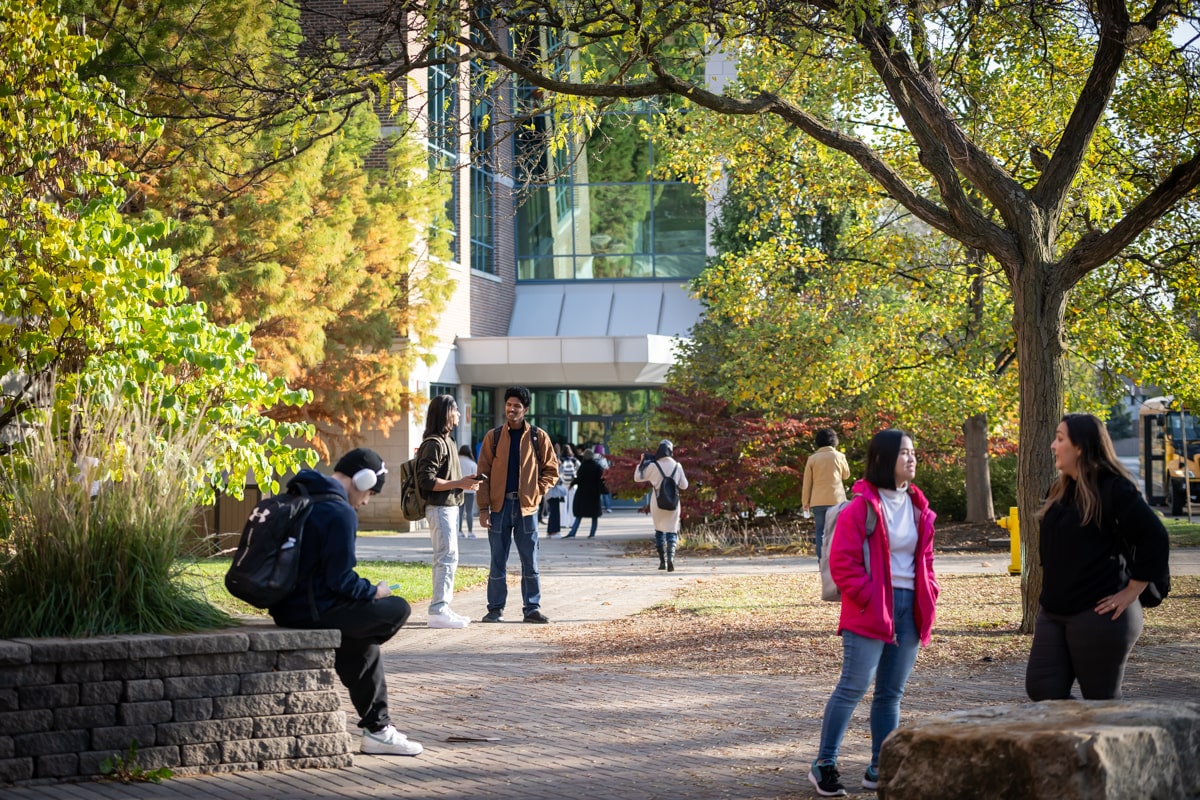 students sitting and chatting outside in the fall at Fanshawe
