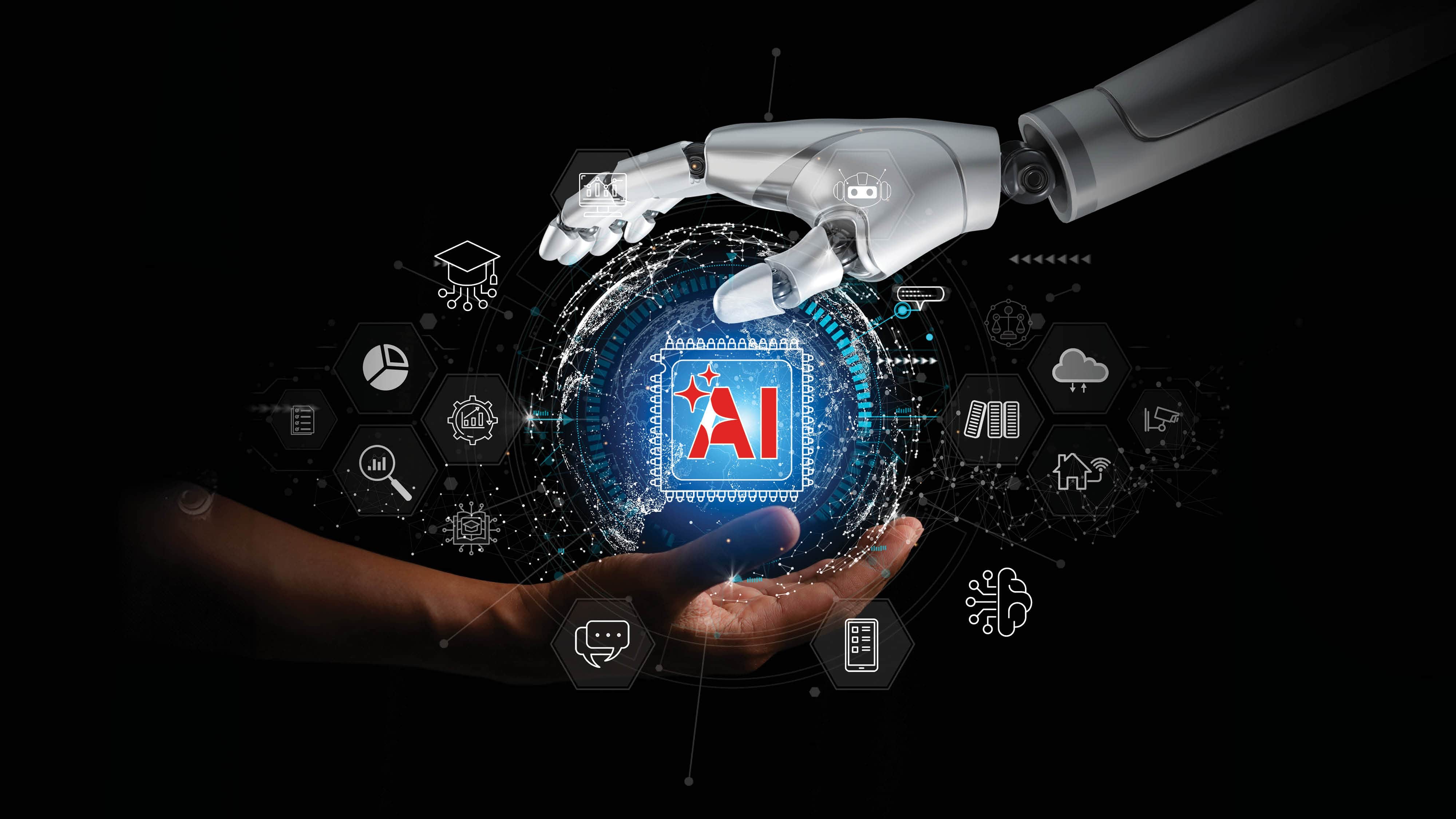 AI Academic Framework cover where robot hand reaches toward human hand