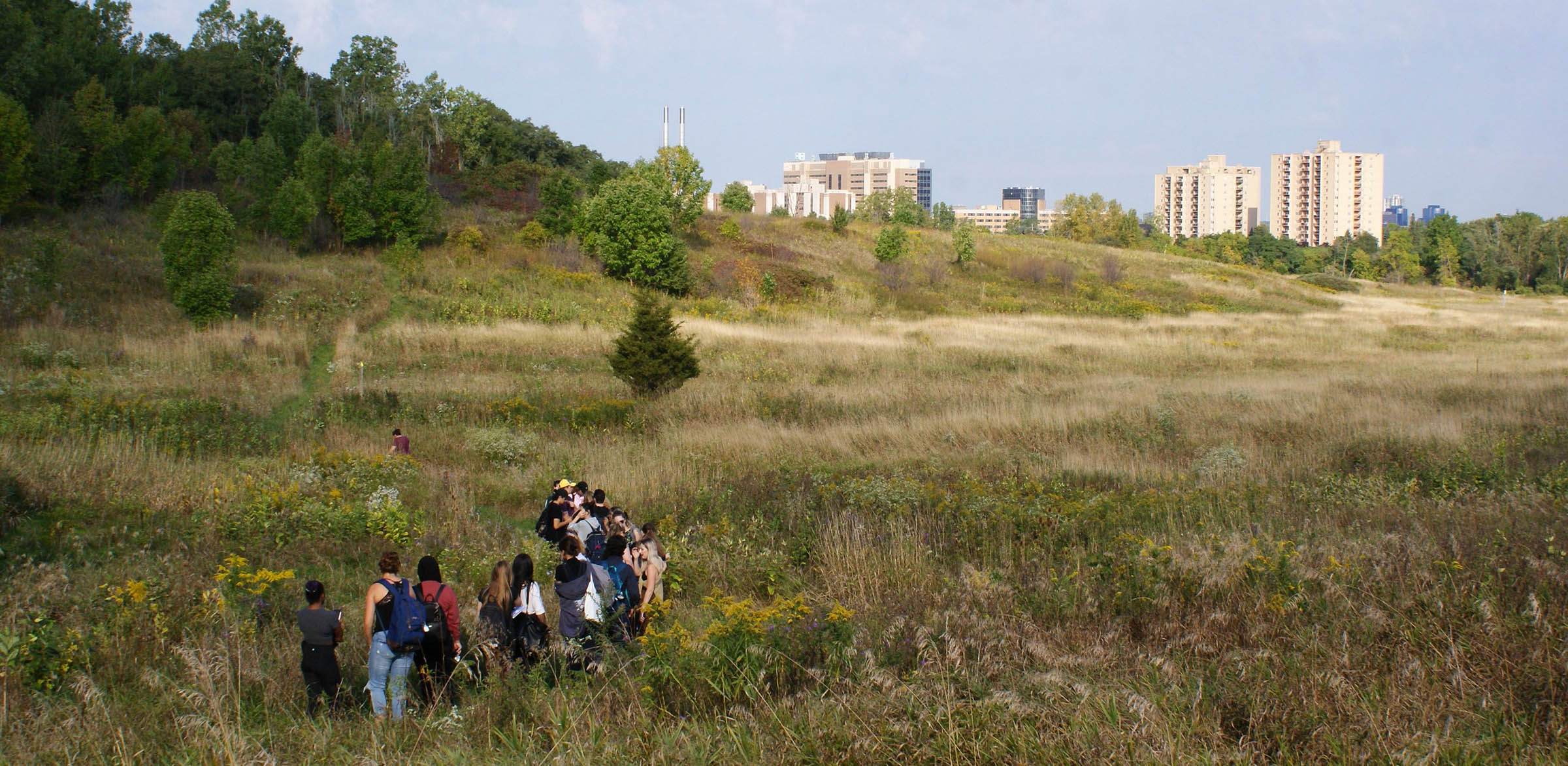 Honours Bachelor of Environmental Design and Planning students stand in grassy field in front of city skyline