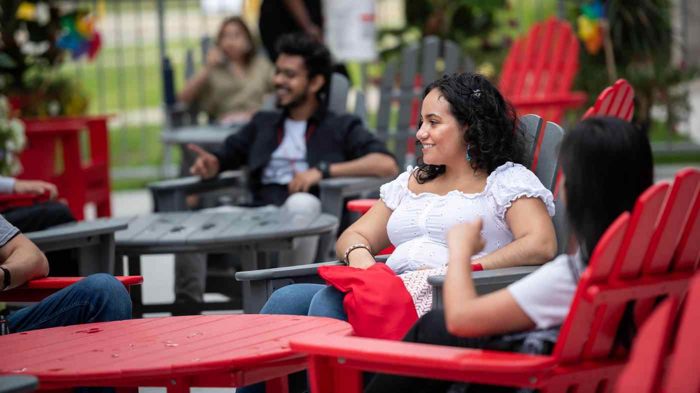 Taking a Study Break students chatting outside at Fanshawe