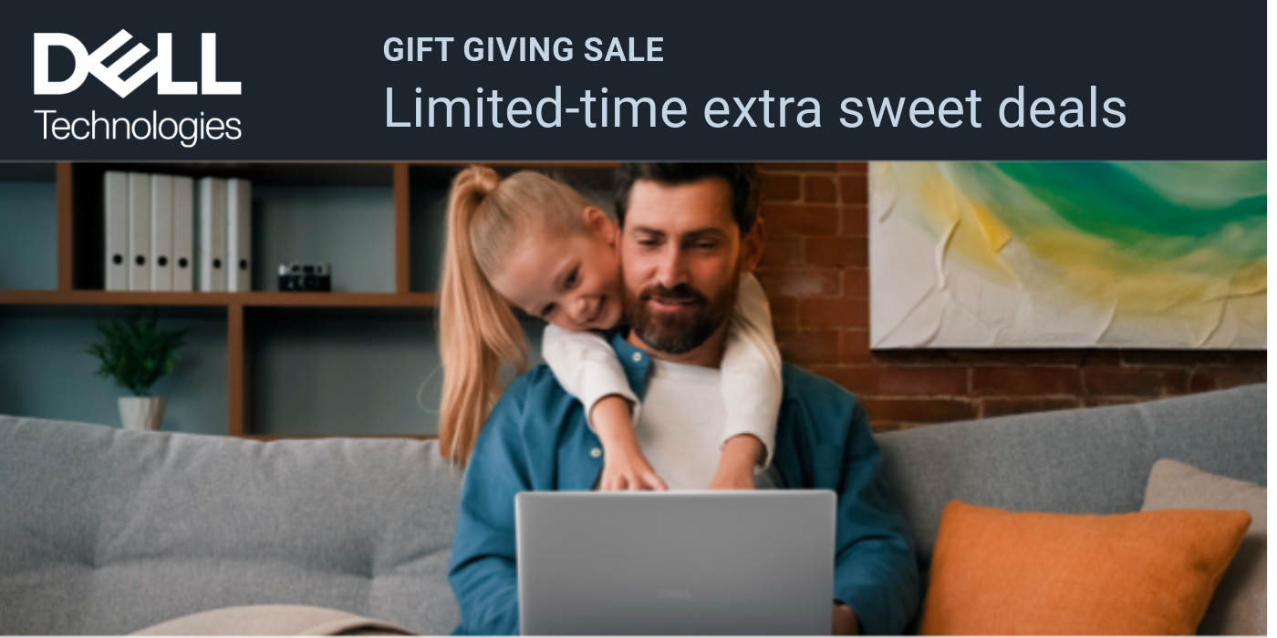Dell Gift Giving Sale promo child leaning over father's shoulder looking at the dell laptop on his lap.
