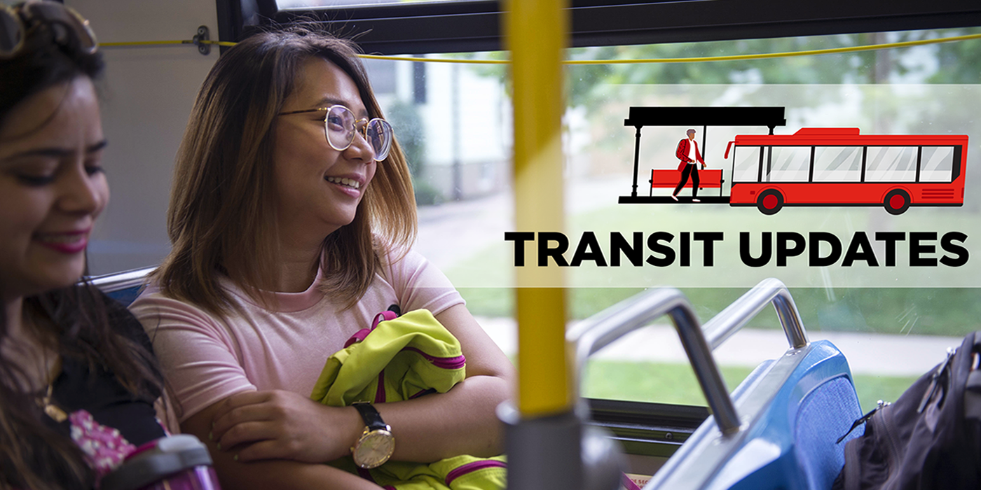 Closeup of two students on a bus with text, &quot;Transit Updates&quot;