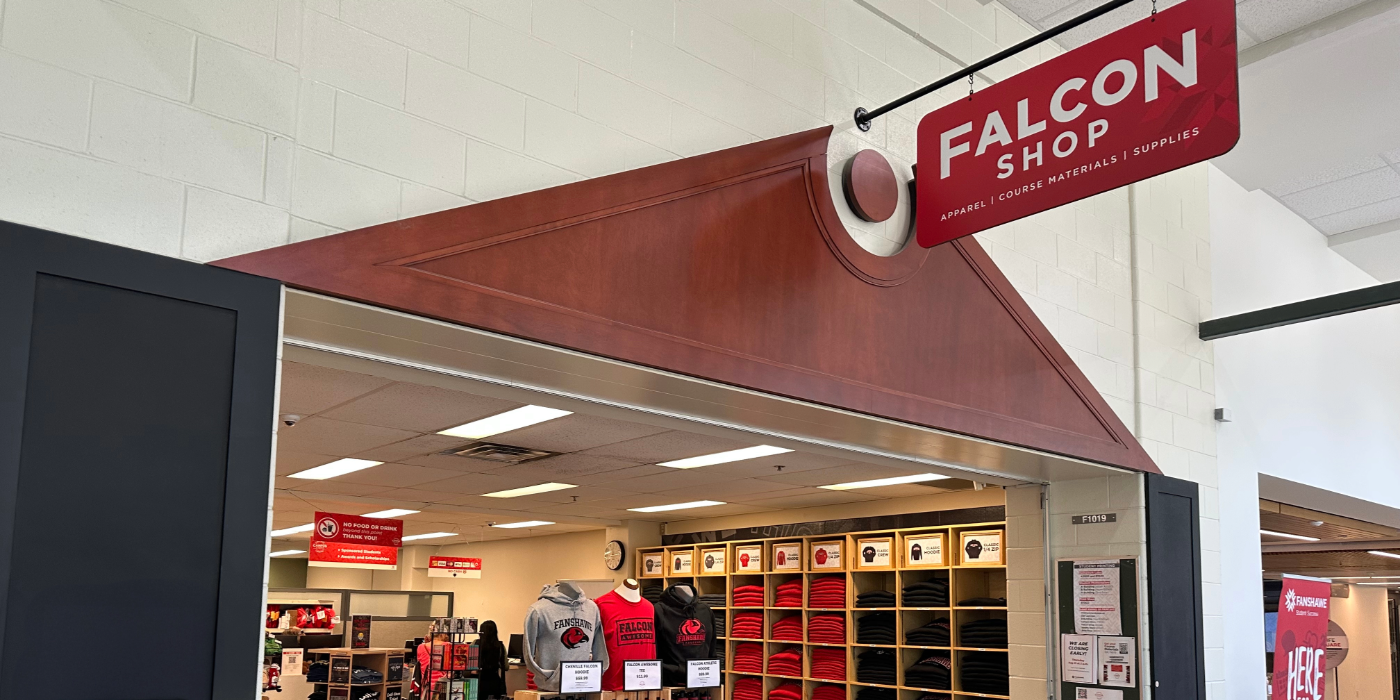 New shop sign hangs outside the newly rename Falcon Shop