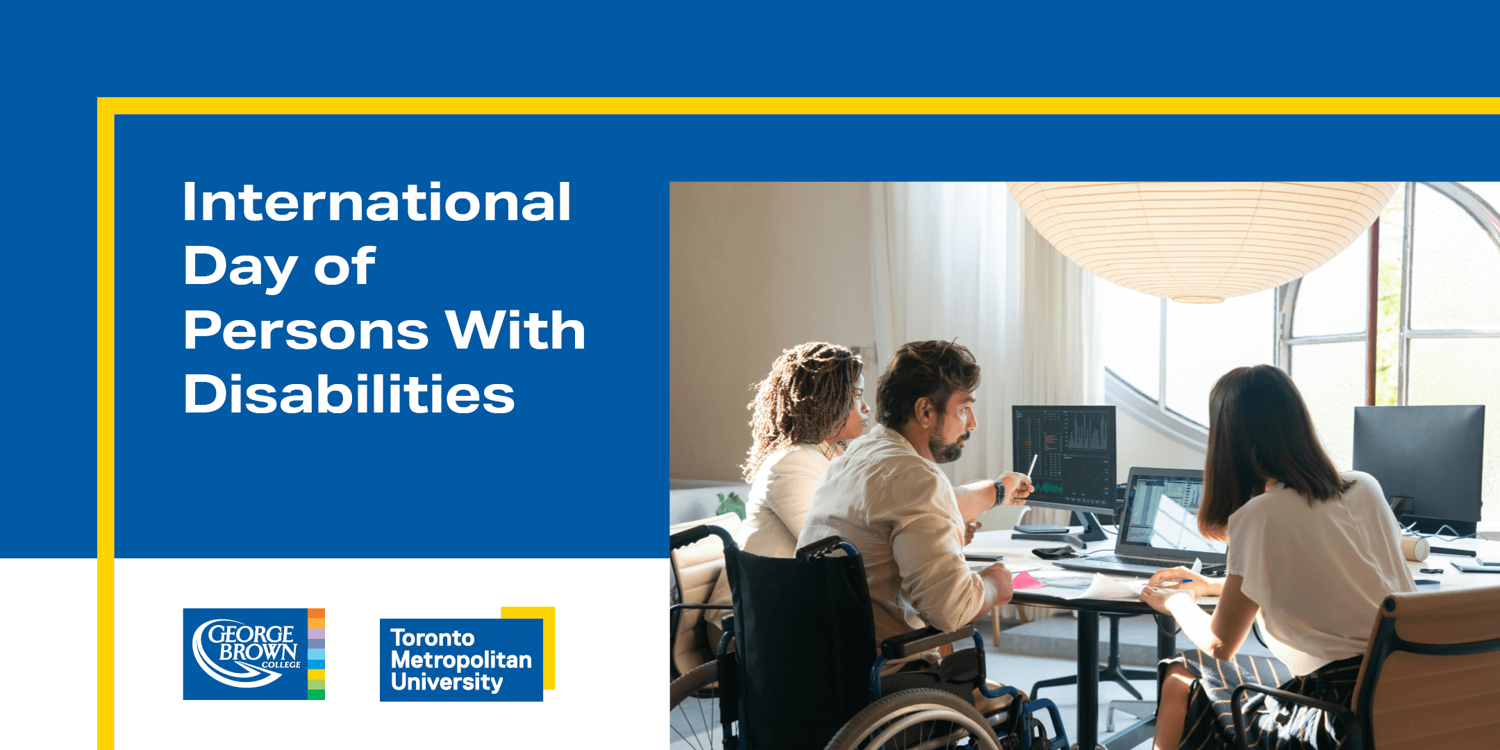 A poster with 3 people sitting around a computer and one is in a wheel chair