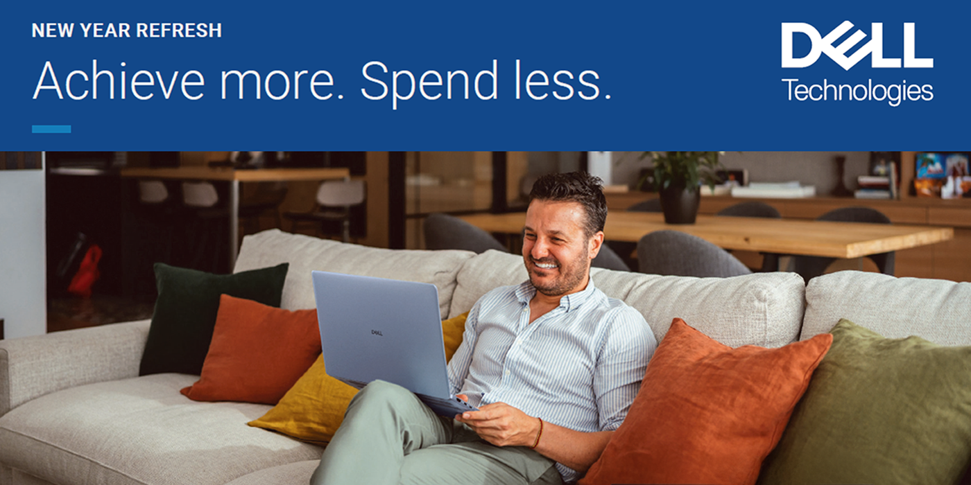 Graphic with the words Achieve More, Spend Less and the Dell logo