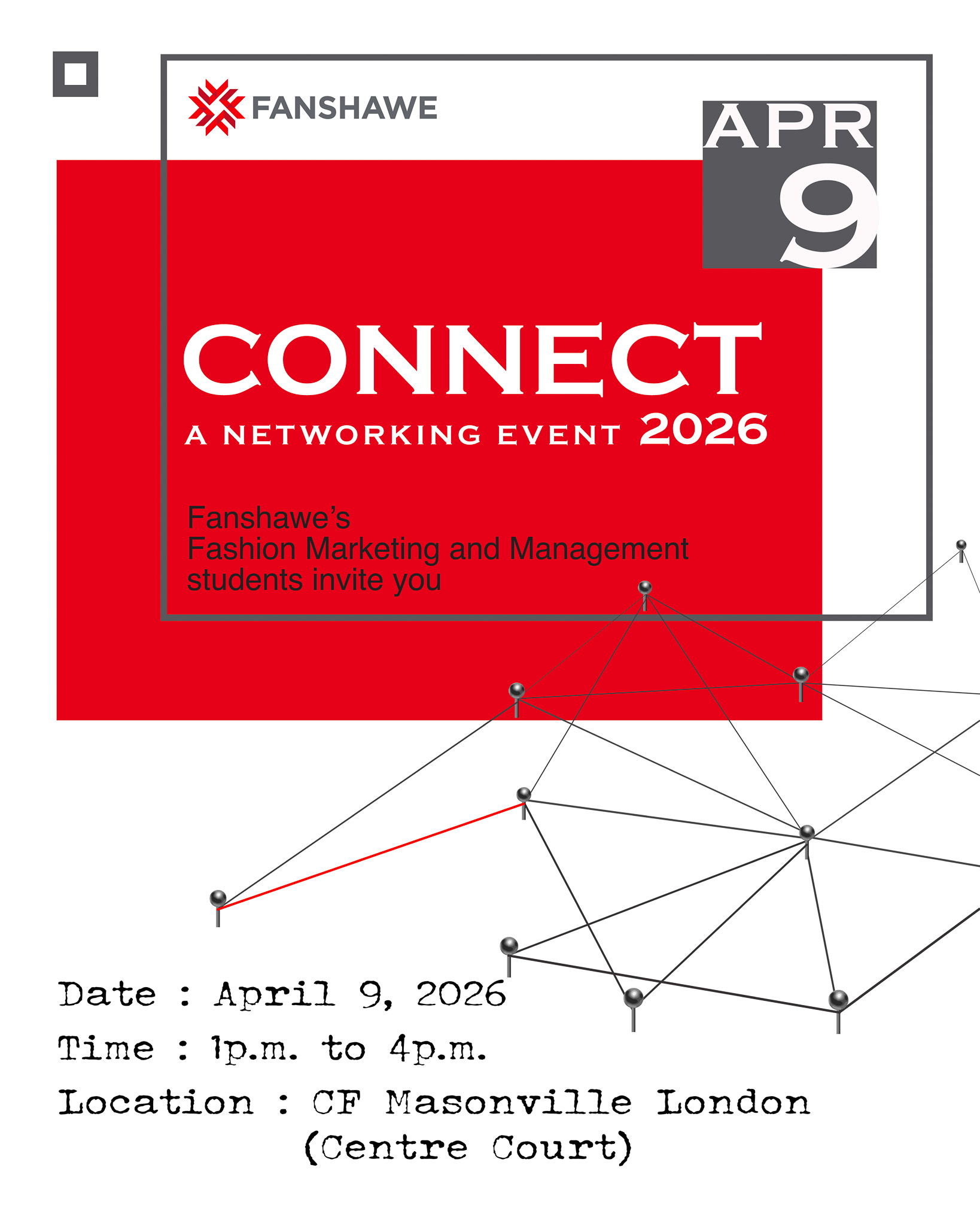 An event poster with a red box over a white background that has some geometric shapes