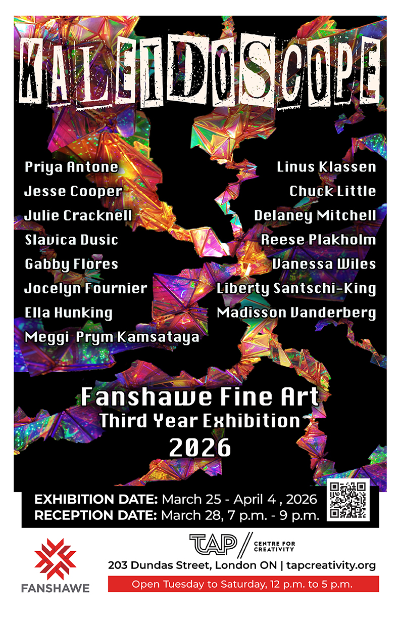 A colourful poster with the names of the students contributing to the exhibition