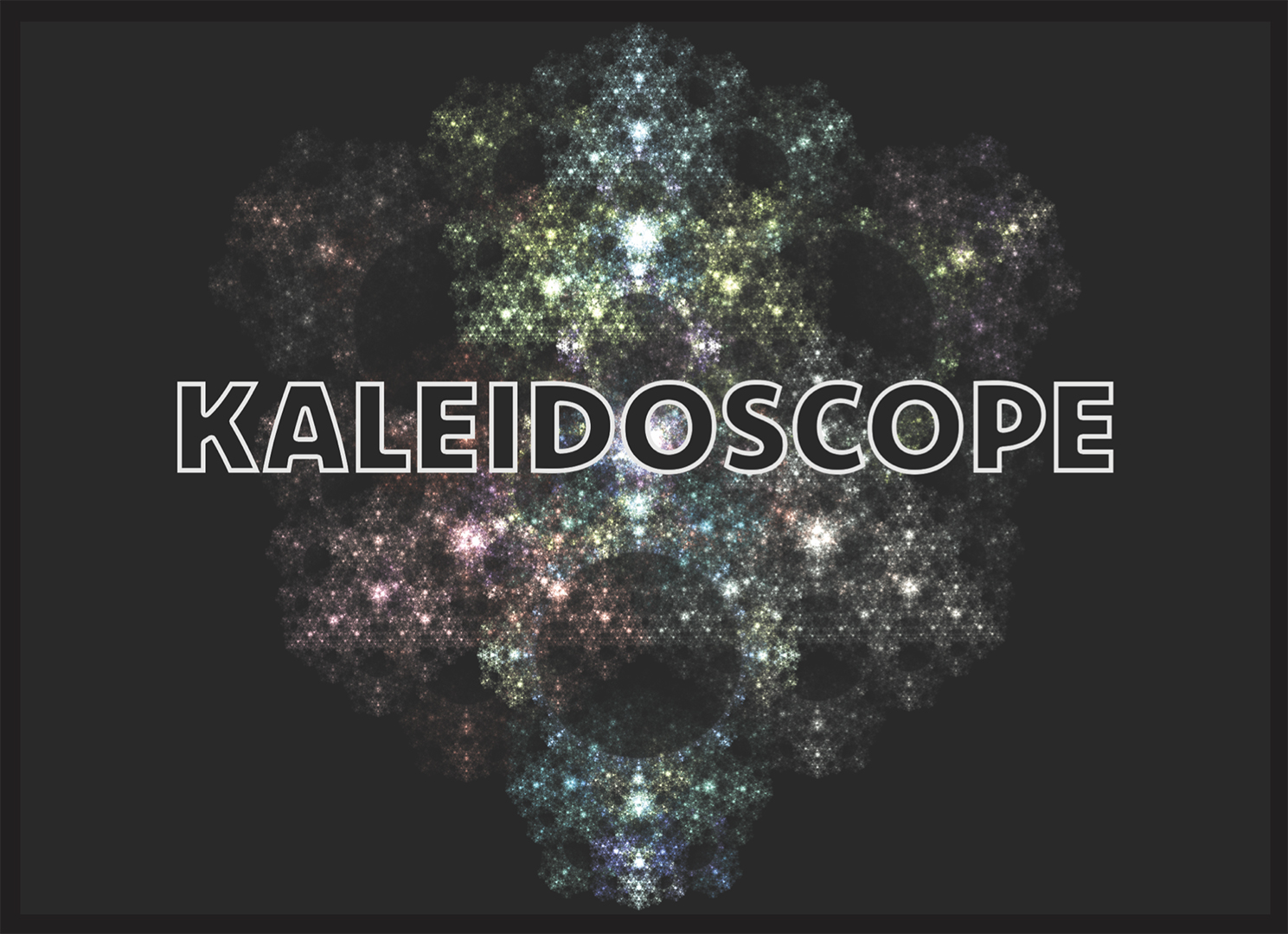 The word Kaleidoscope in black all caps text outlined in white in front of a colourful background