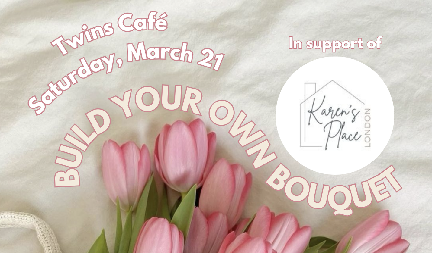 A boquet of pink roses with the Karen's Place London logo.