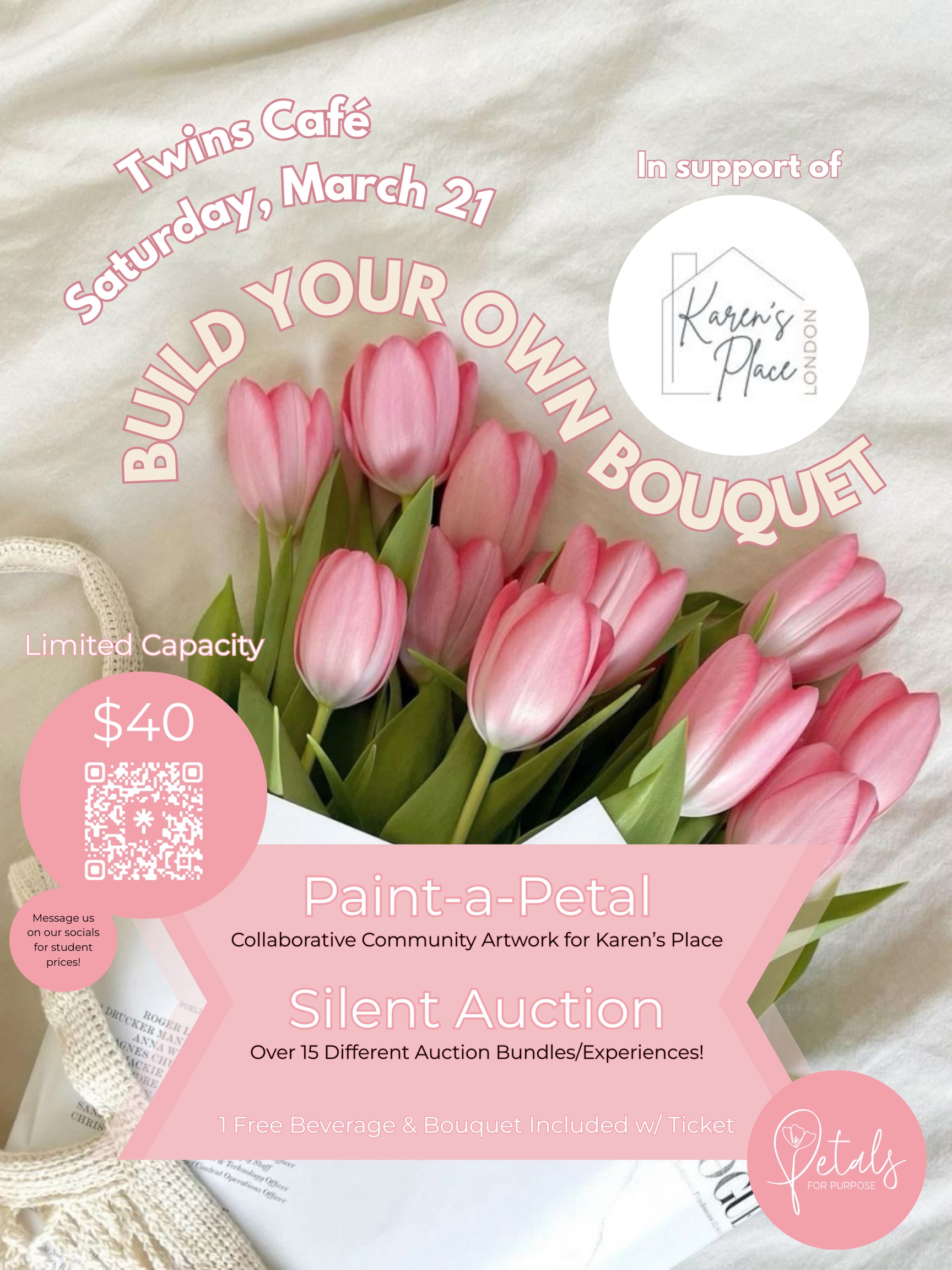 A poster with a bouquet of pink roses inviting people to register for a charitable event where they can contribute to a collaborative piece of art called "Paint a Petal"