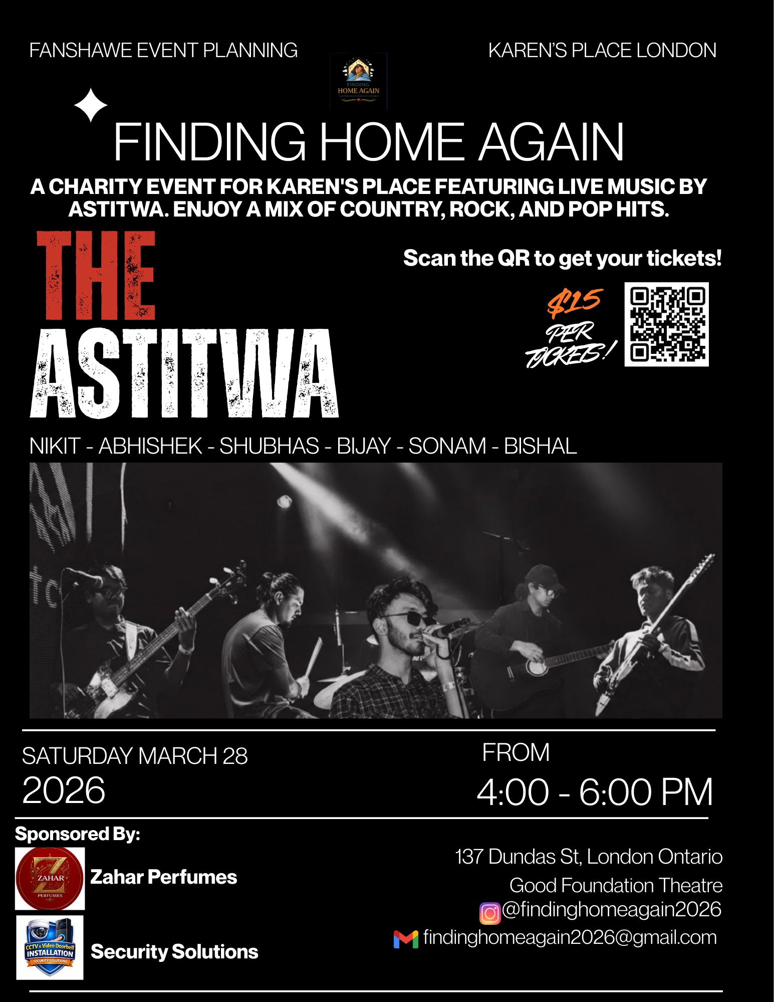 Poster for charity concert Finding Home Again 2026 featuring a singer on a black background with white text.