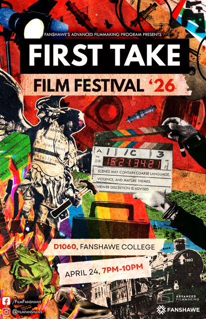 A poster promoting the First Take Film Festival with a colourful collage of random images.