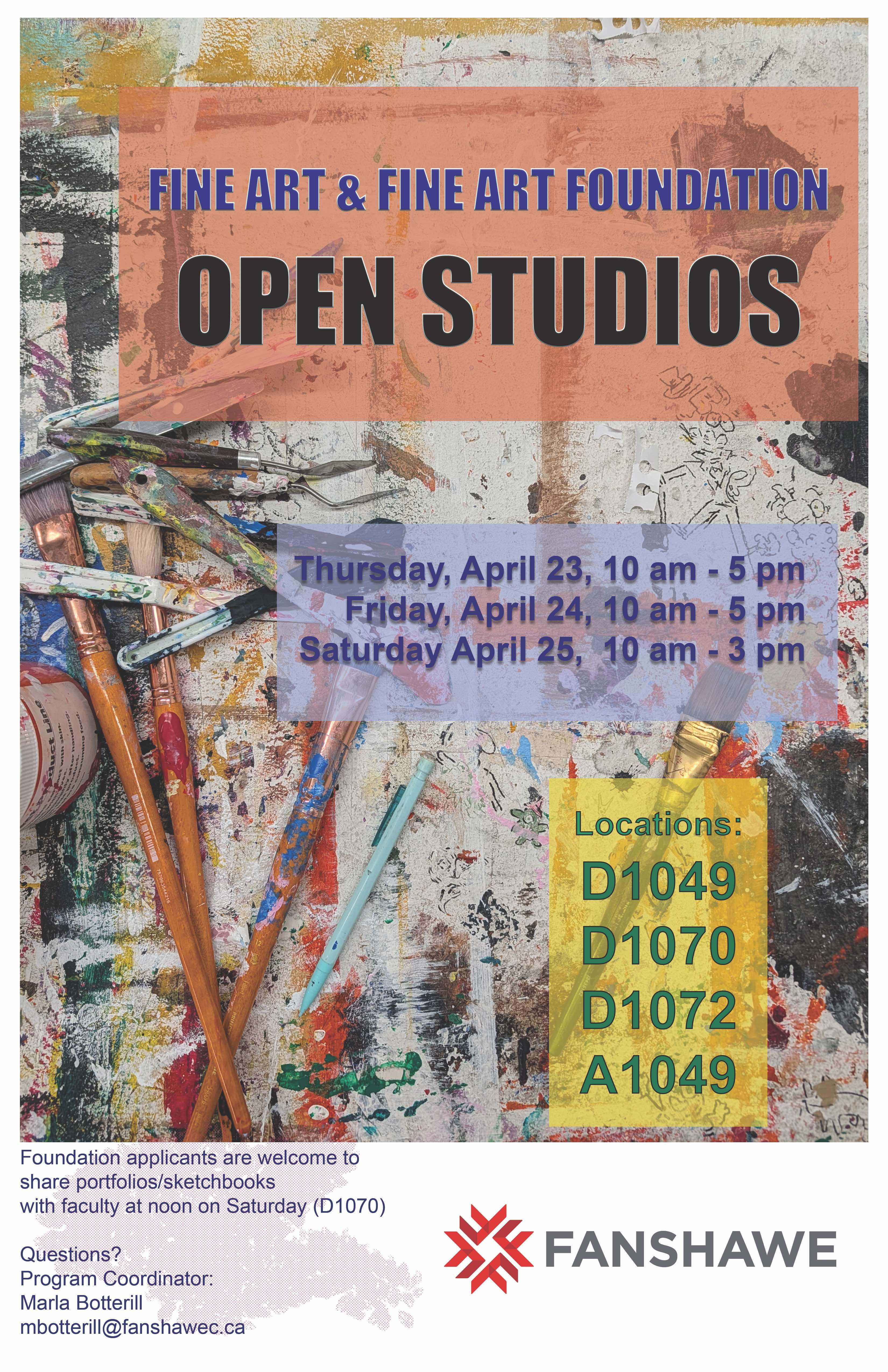 Poster for Fanshawe’s Fine Art & Fine Art Foundation Open Studios, featuring paint‑splattered tools and event dates, times, and locations.
