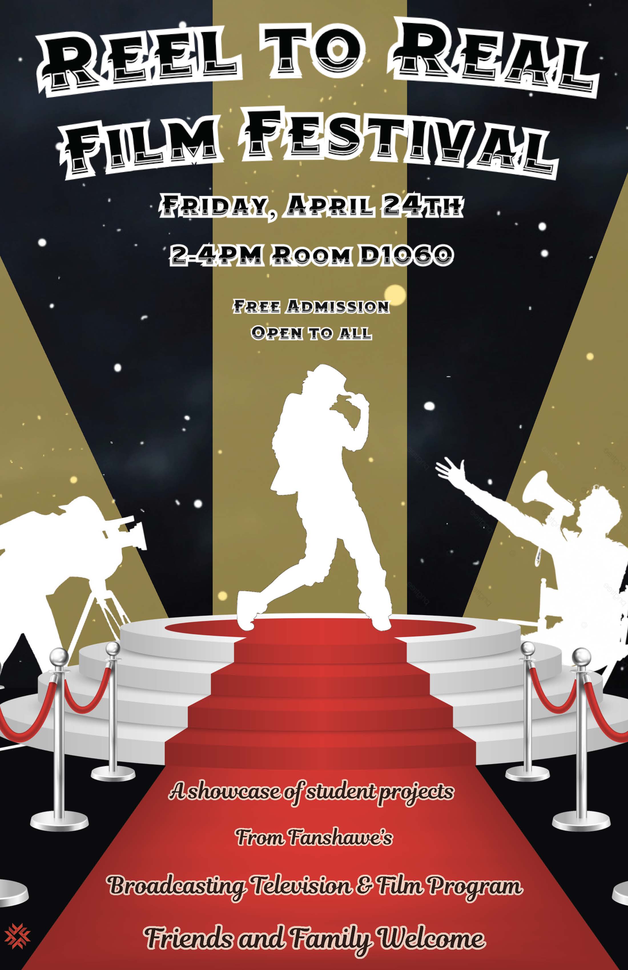 Poster for the ‘Reel to Real Film Festival’ with filmmaking silhouettes and event details.