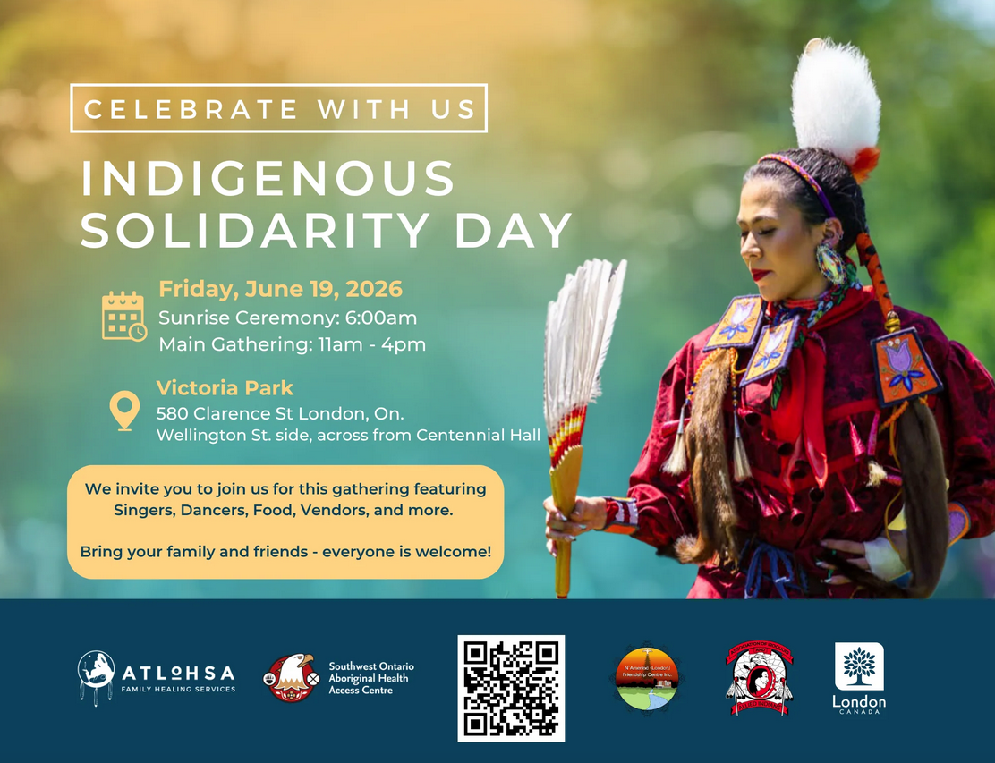 Promotional flyer for Indigenous Solidarity Day featuring a woman in traditional dress holding a large white feathers