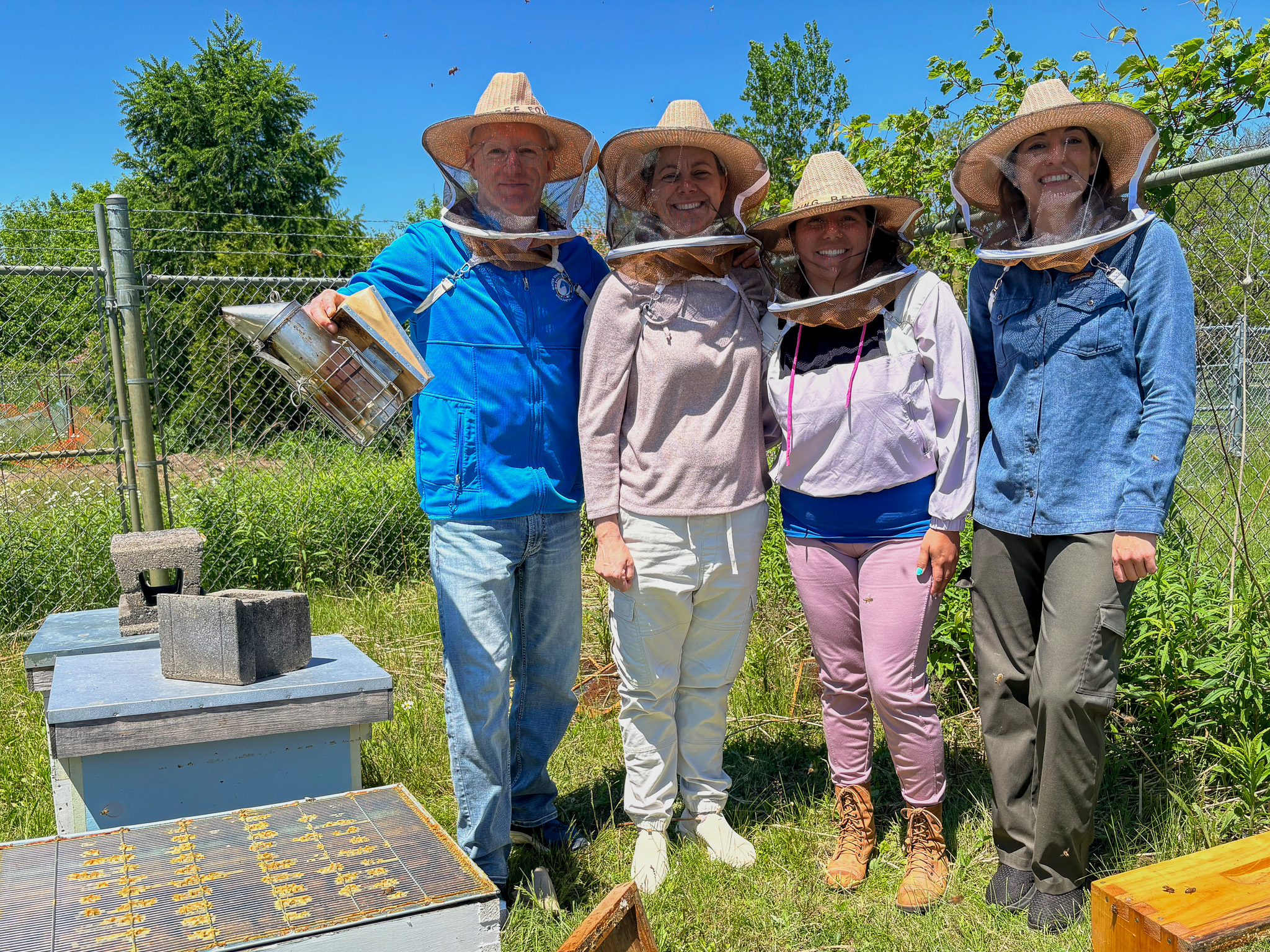 Four people wearing protective hoods stand next to bee colonies.