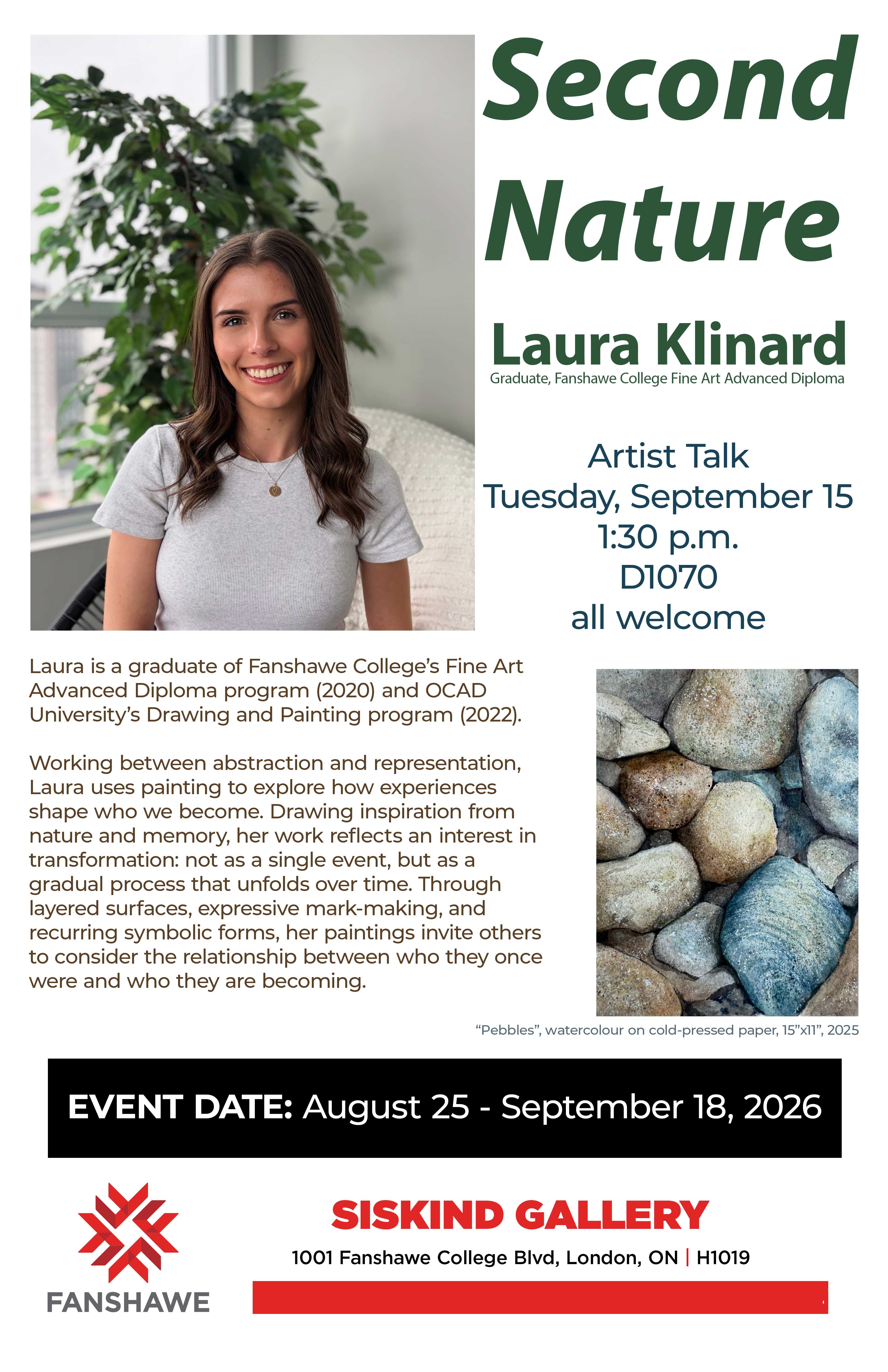 A poster promoting "Second Nature" art exhibition with a photo of the artist.