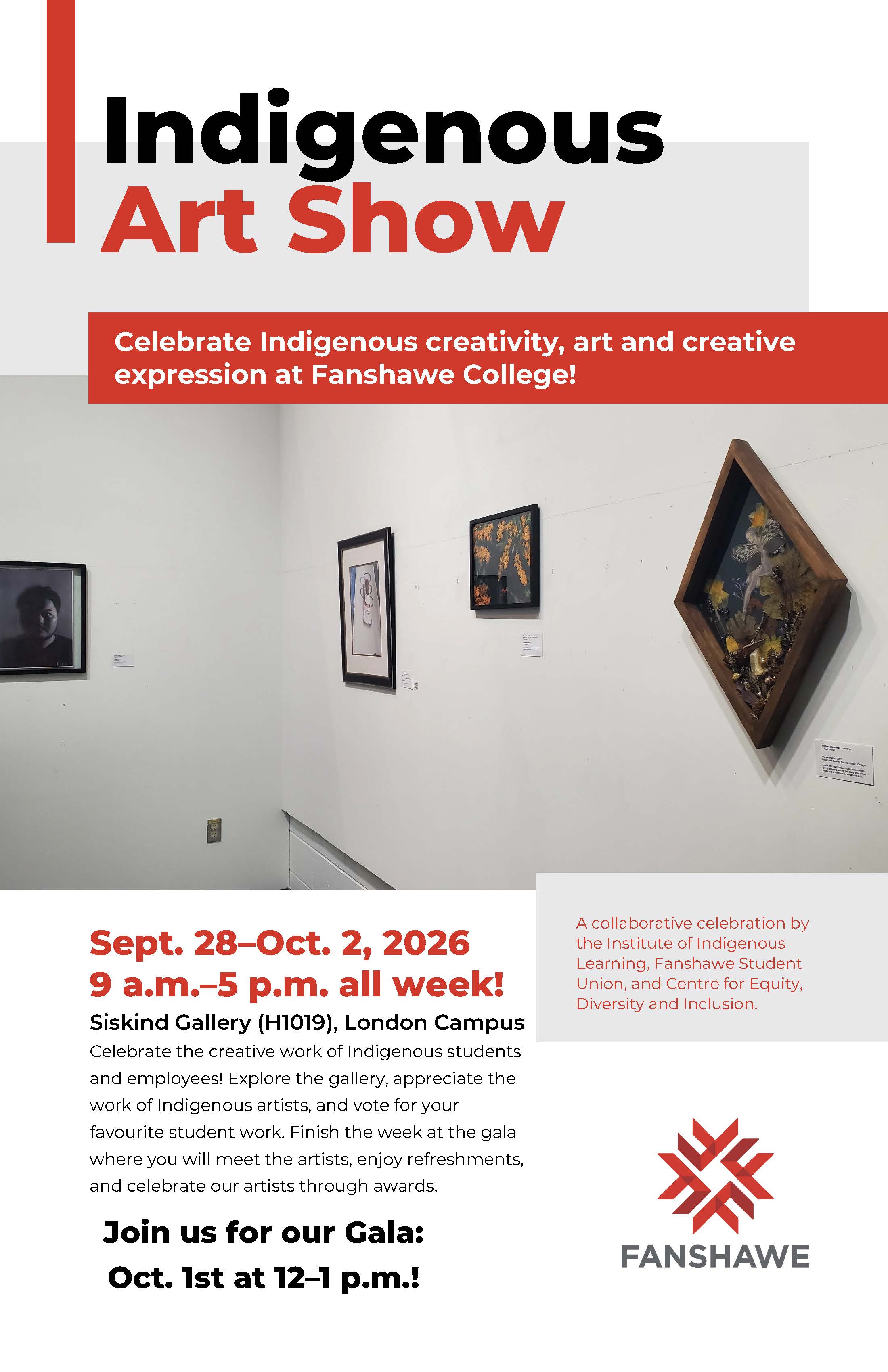 Fanshawe College Indigenous Art Show poster with gallery artwork and event information.