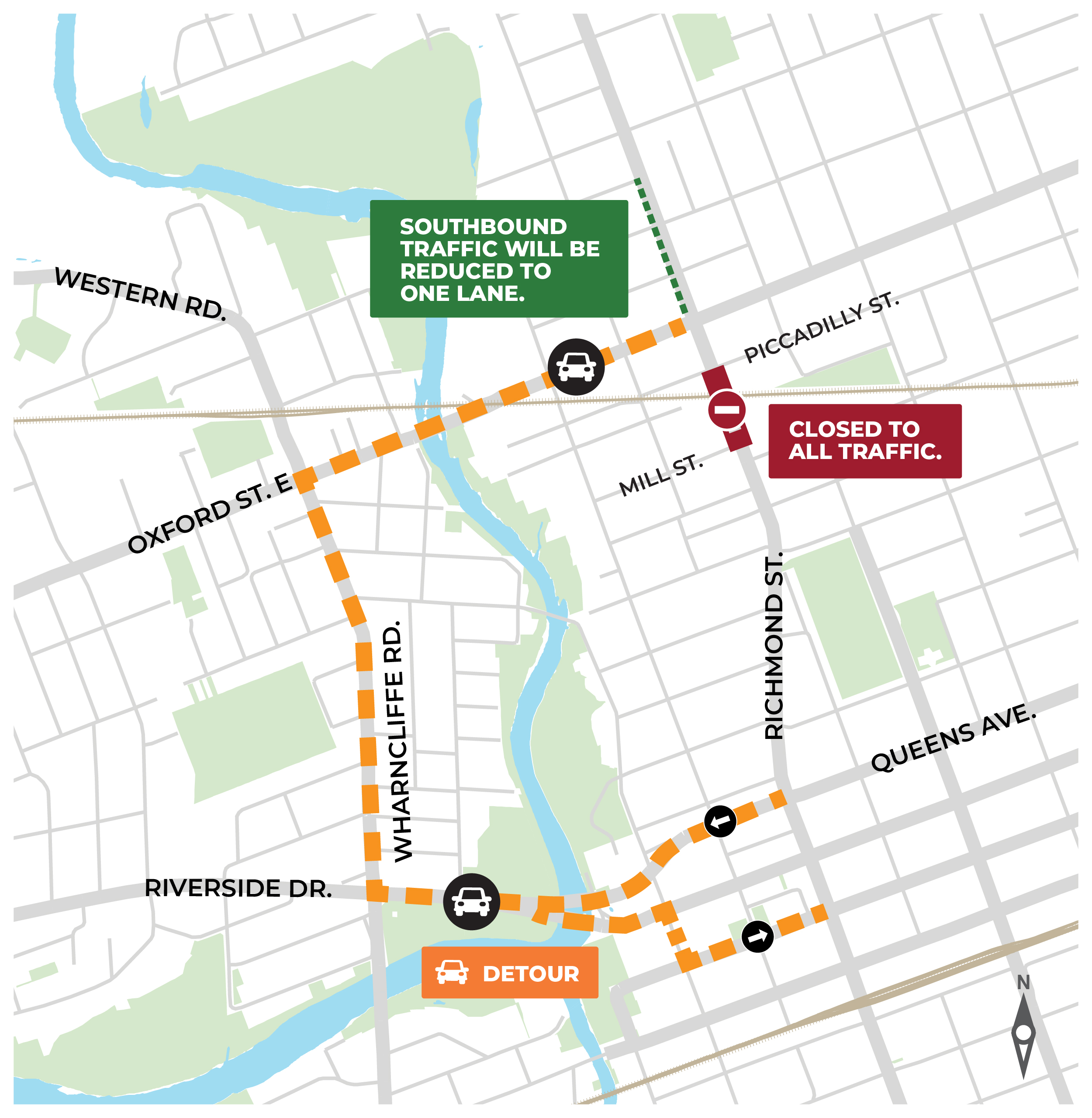 Map of downtown Richmond Street closure and detour route.