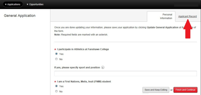 Screen capture: General Application showing Applicant Record tab.