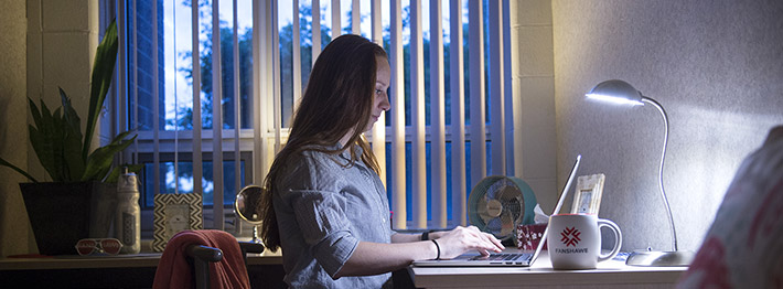 woman at computer in front of residence window