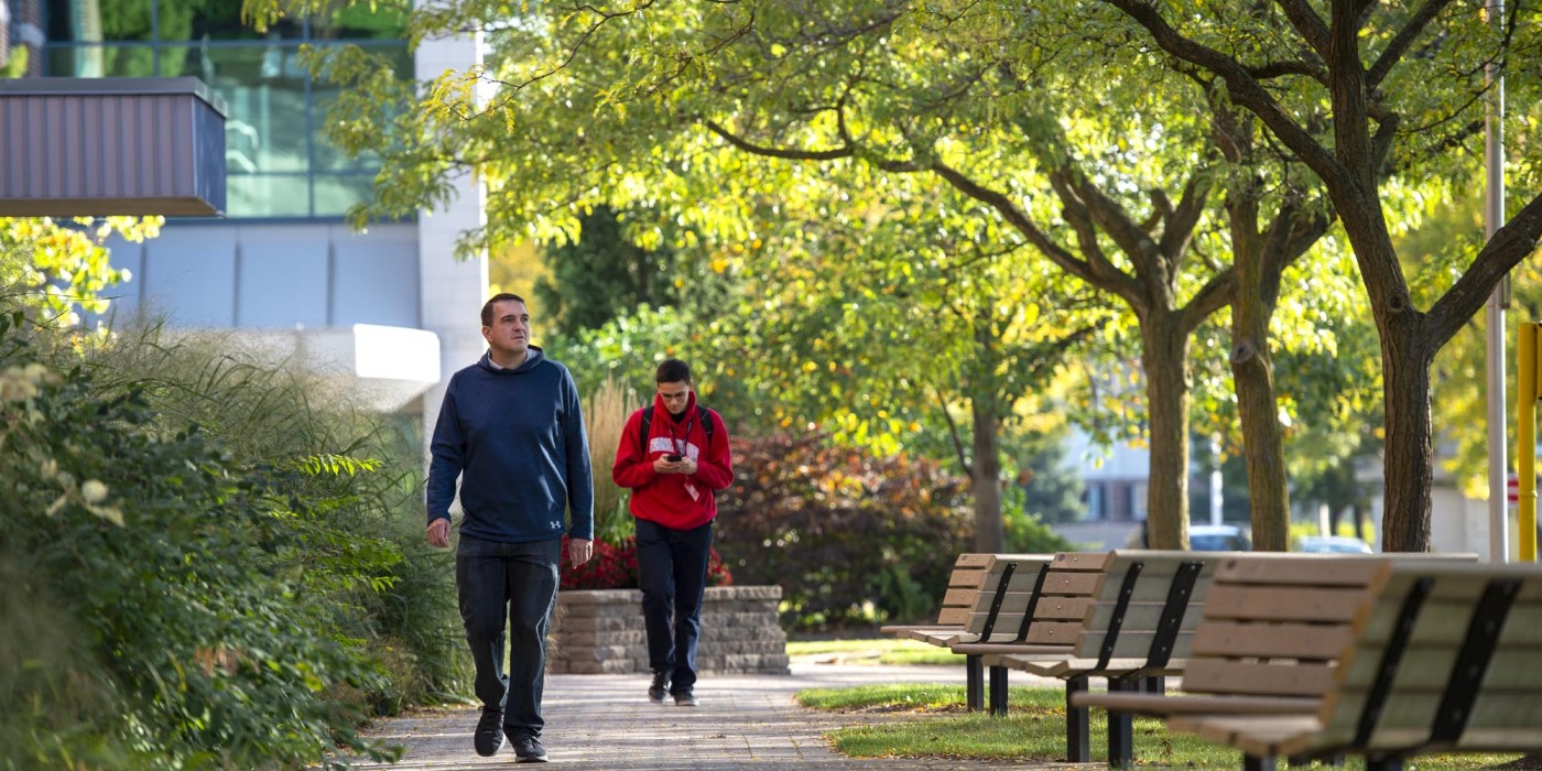 Two Fanshawe students walking outside at London Campus