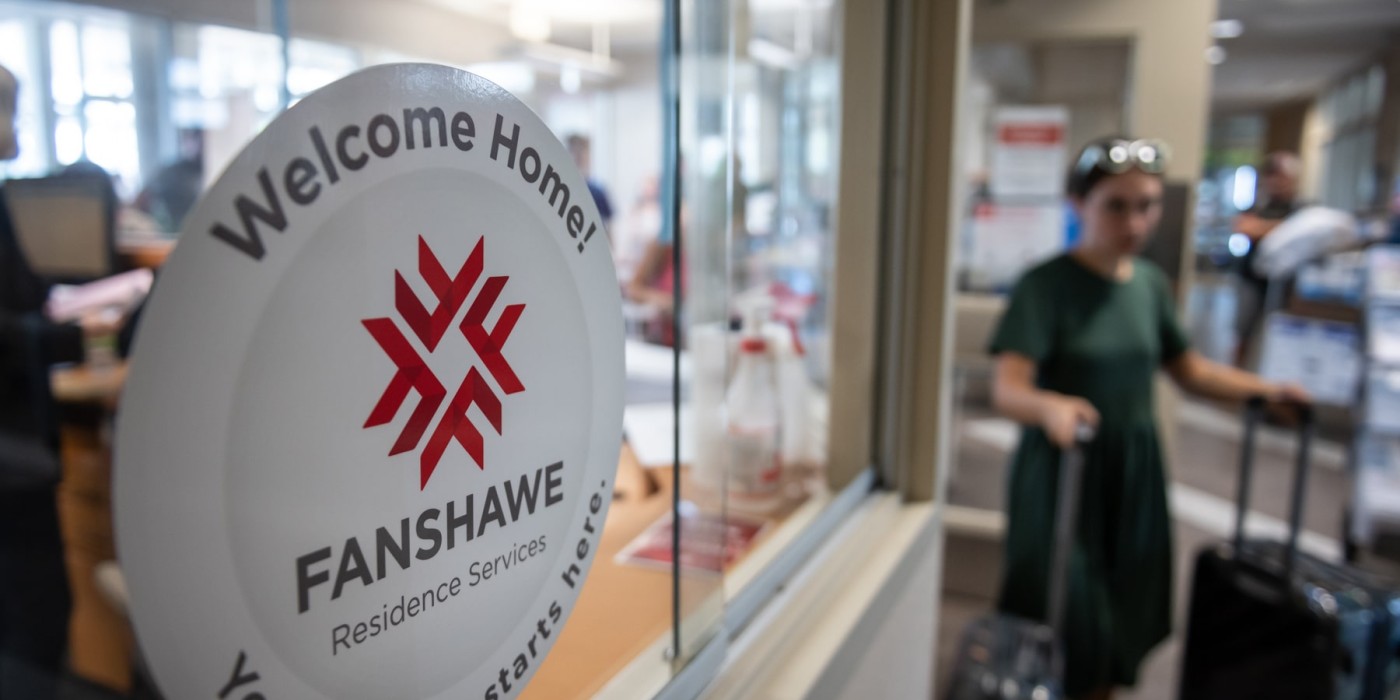 Welcome Home sticker on Fanshawe Residence window