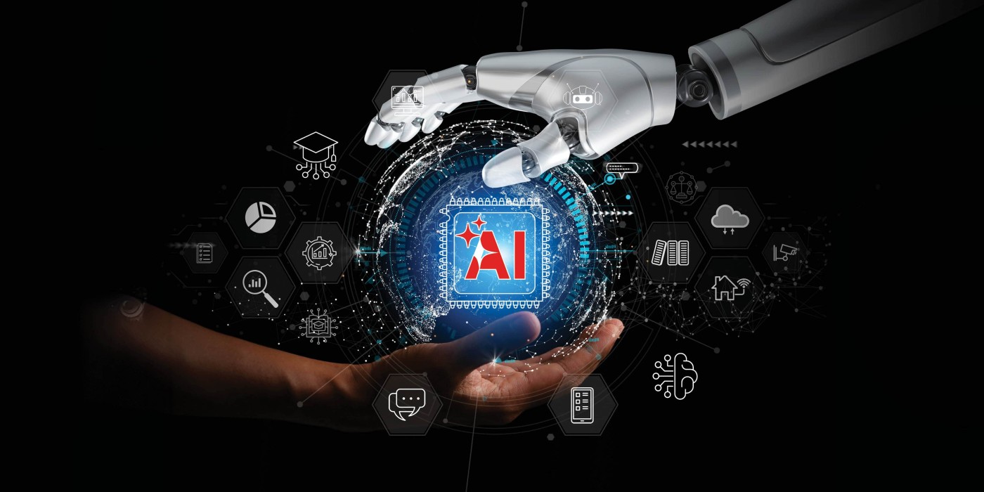 AI Academic Framework cover where robot hand reaches toward human hand