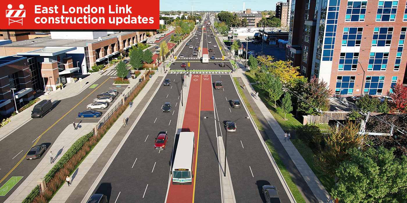 Artist render of Oxford Street showing proposed bus terminal at Fanshawe College