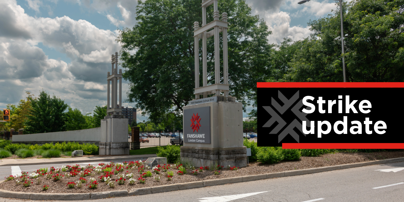 Main gates of London Campus and text "Strike Update"