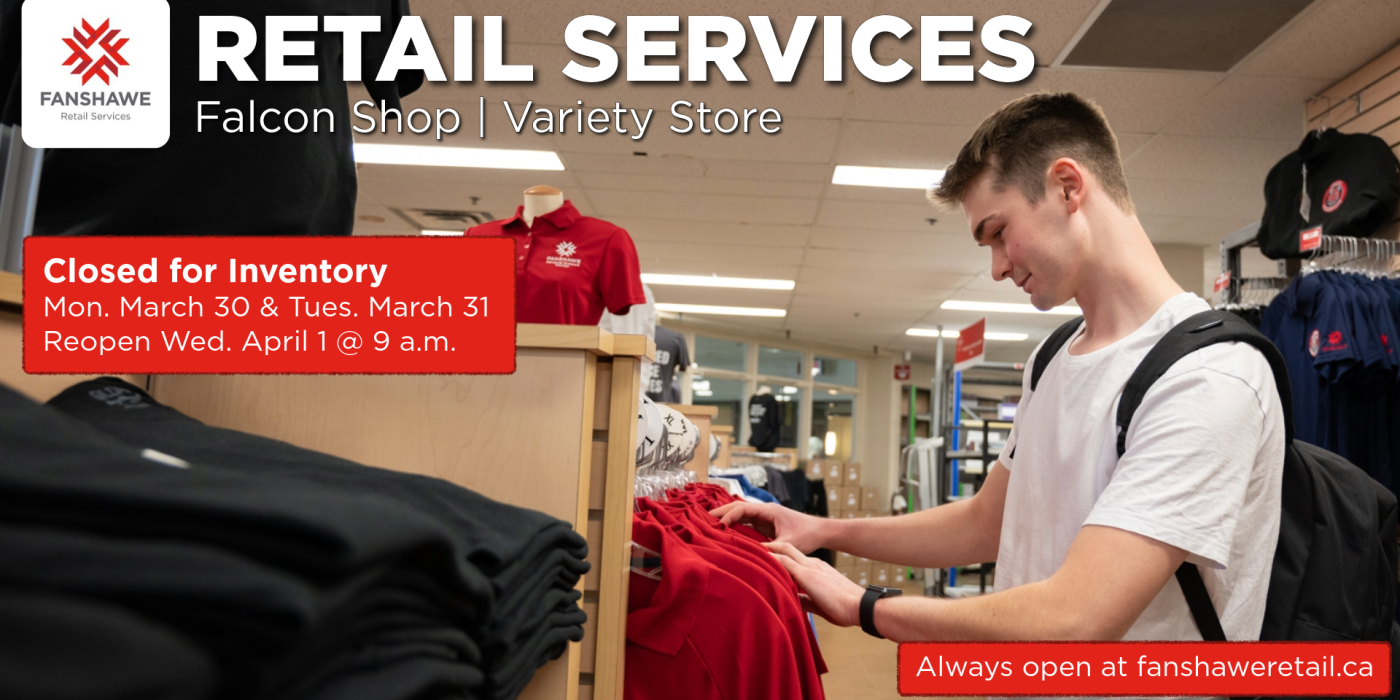 Image of someone shopping Falcon Shop with text overlay with inventory closure information.