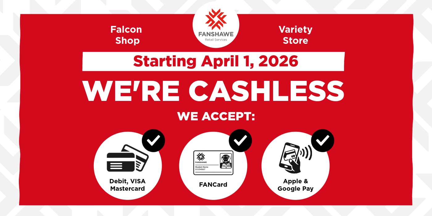 Falcon Shop and Variety Store image of we're going cashless and payment options available: credit card, FANCard and Apple and Googe Pay