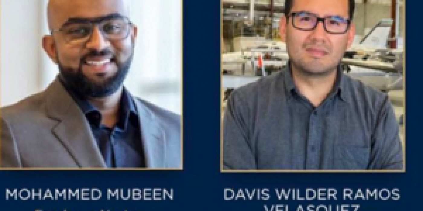 A pair of portraits depicting two men with glasses smiling.