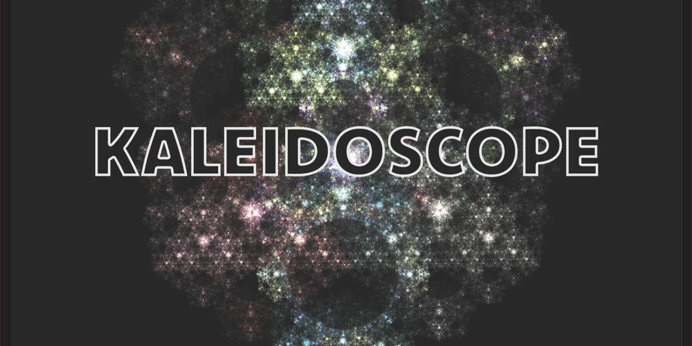 The word Kaleidoscope in black all caps text outlined in white in front of a colourful background