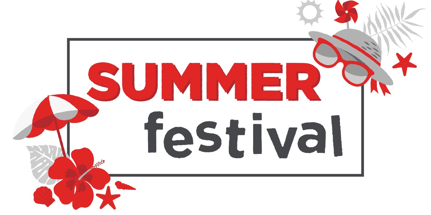 Summer Festival wordmark with illustrated summer icons like a sun hat and beach umbrella.
