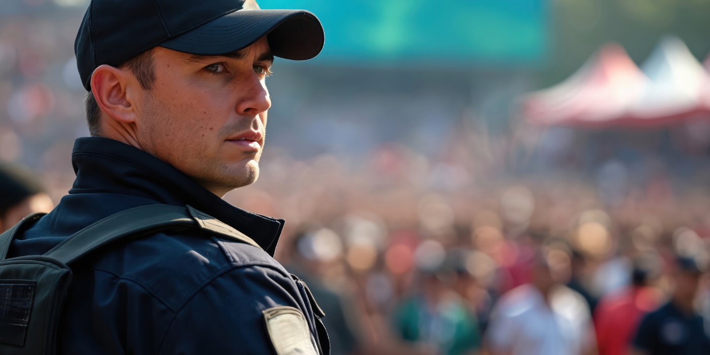 Uniformed Security guard calmly looks over a crowd.