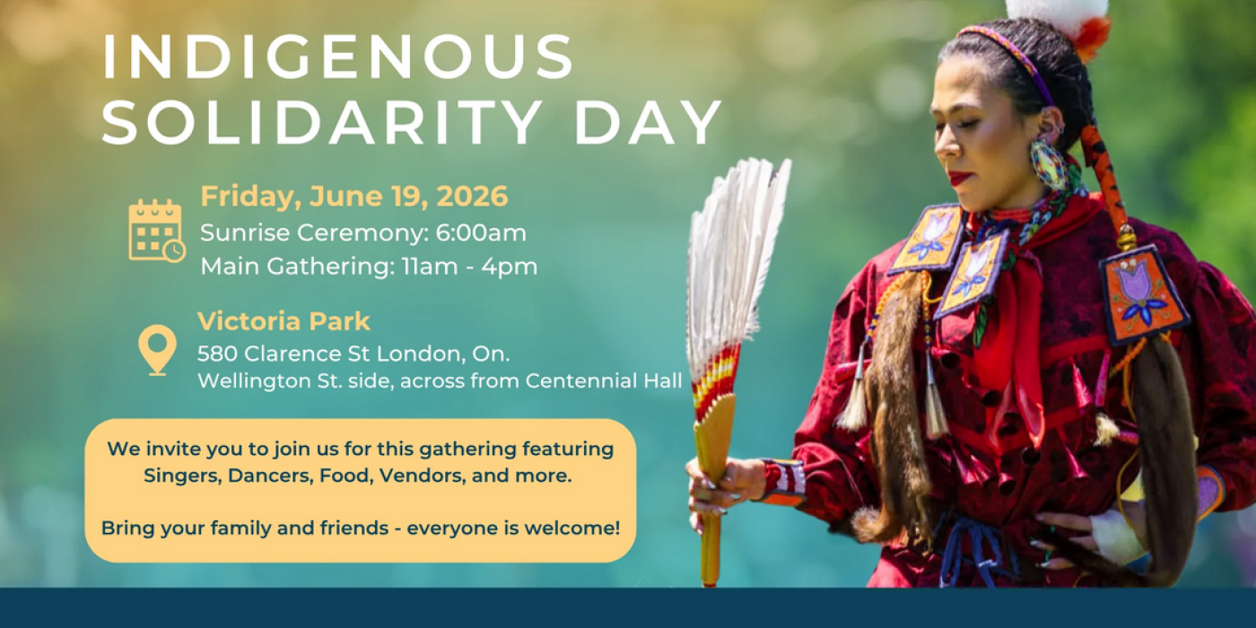 Promotional flyer for Indigenous Solidarity Day featuring a woman in traditional dress holding a large white feathers
