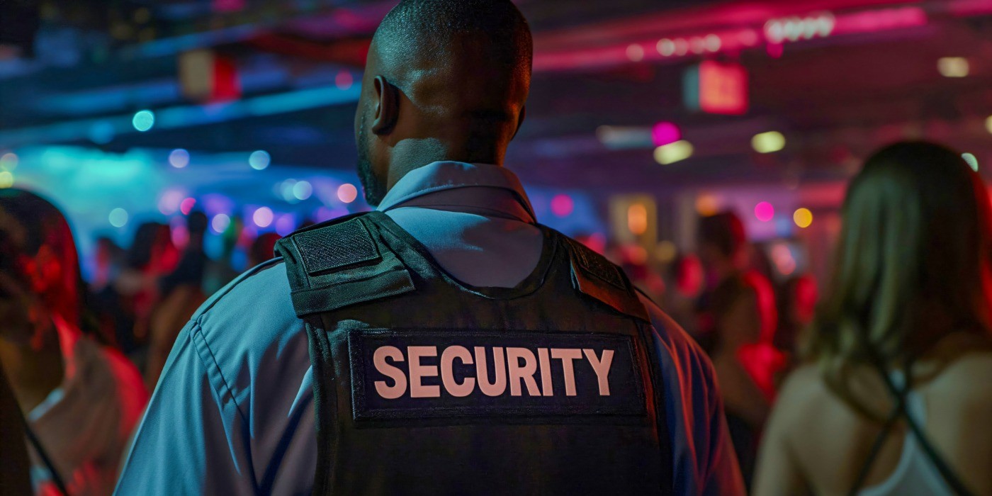 A man wearing a security uniform stands at the back of an entertainment venue scanning the space for any possible issues.