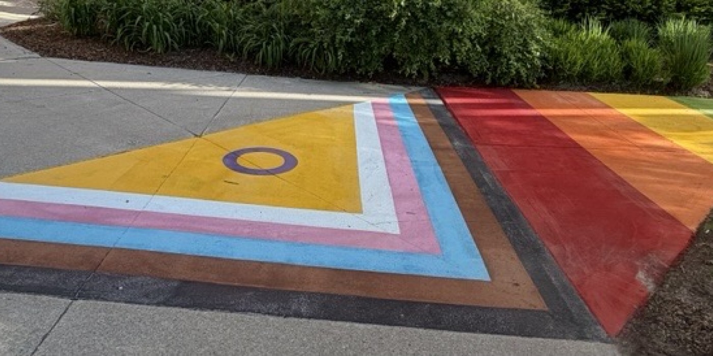 Image of Progress Pride flag painted on the sidewalk at the London Campus.
