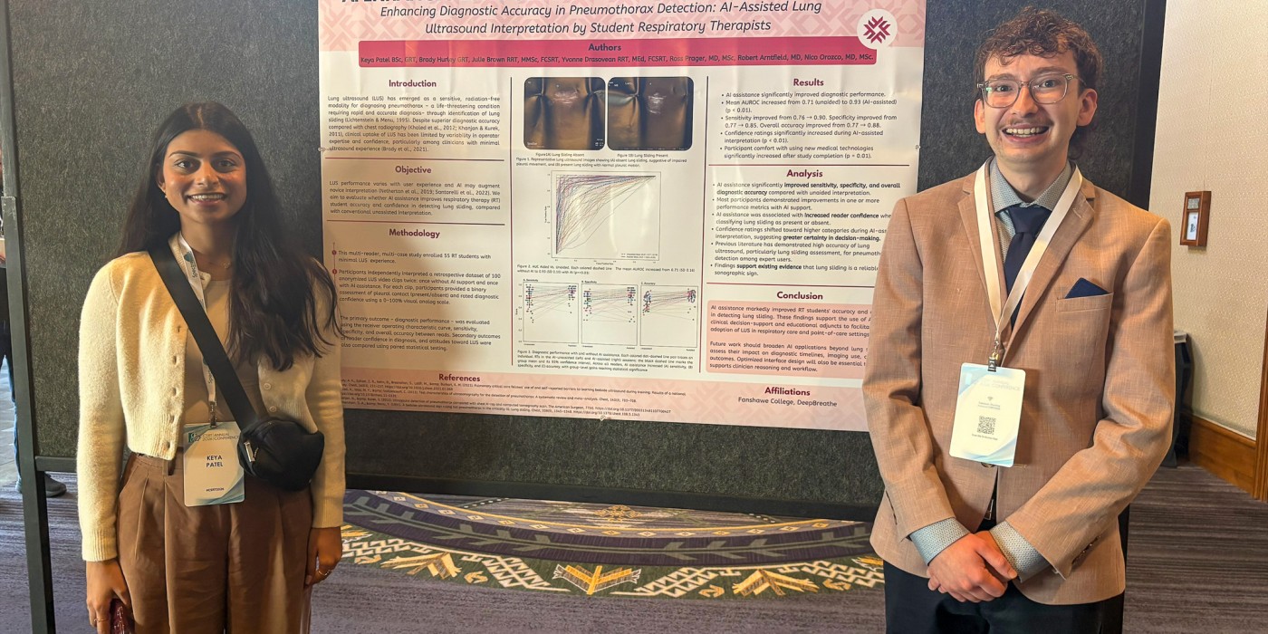 Two students stand beside a research poster on AI‑assisted lung ultrasound accuracy in respiratory therapy students.