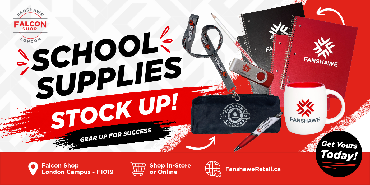 Promotional advertisement for Fanshawe branded school supplies sold at the Falcon Shop.